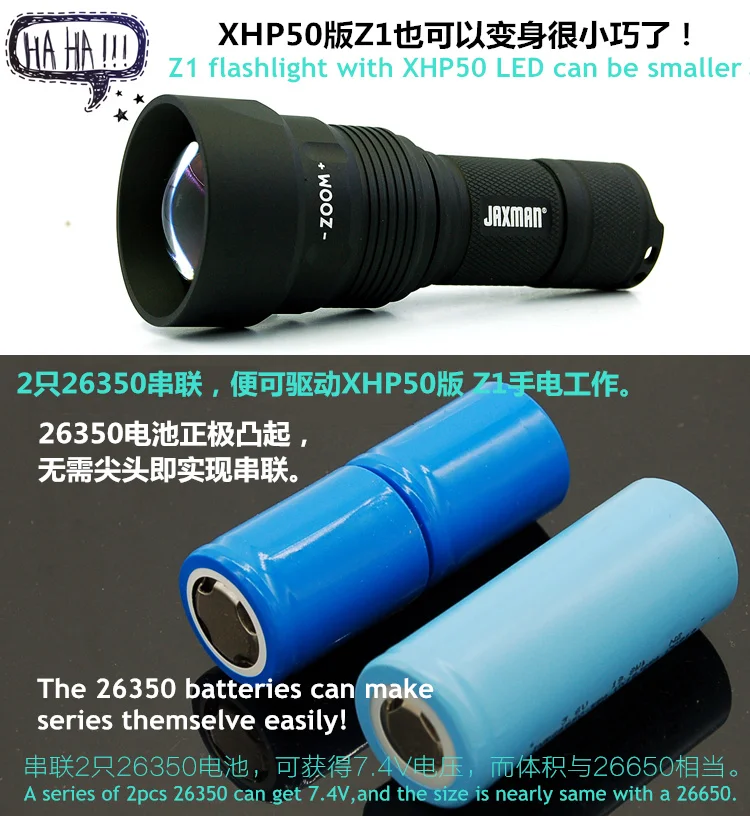 JAXMAN Z1 with 26350 battery Zoom Flashlight Torch shorter size CREE XHP50/XHP50.2 LED free shipping