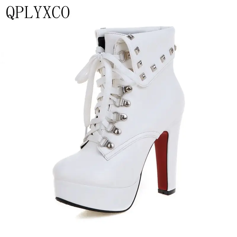 QPLYXCO 2017 Big Size 30-50 Russian Shoes New Short Boot Women With Zipper High Heels Shoes Woman Lace Up Ankle Boots X-6