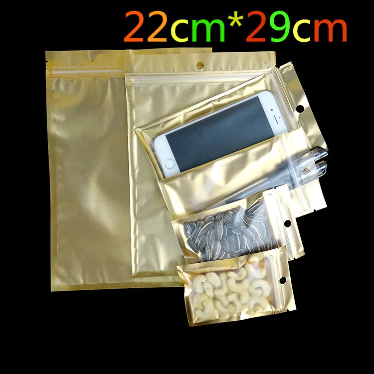 22*29cm Golden / Clear Self Sealed Zipper Plastic Retail Pack Package Packaging Bag, Zip Lock Bag Retail Packing With Hang Hole