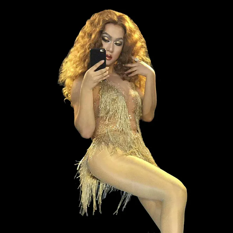 

Rhinestones Gold Tassel Sleeveless Bodysuit Female Jazz Team DJ Pole Dancing Acrobatics Performance Crystals Fringes Leotard