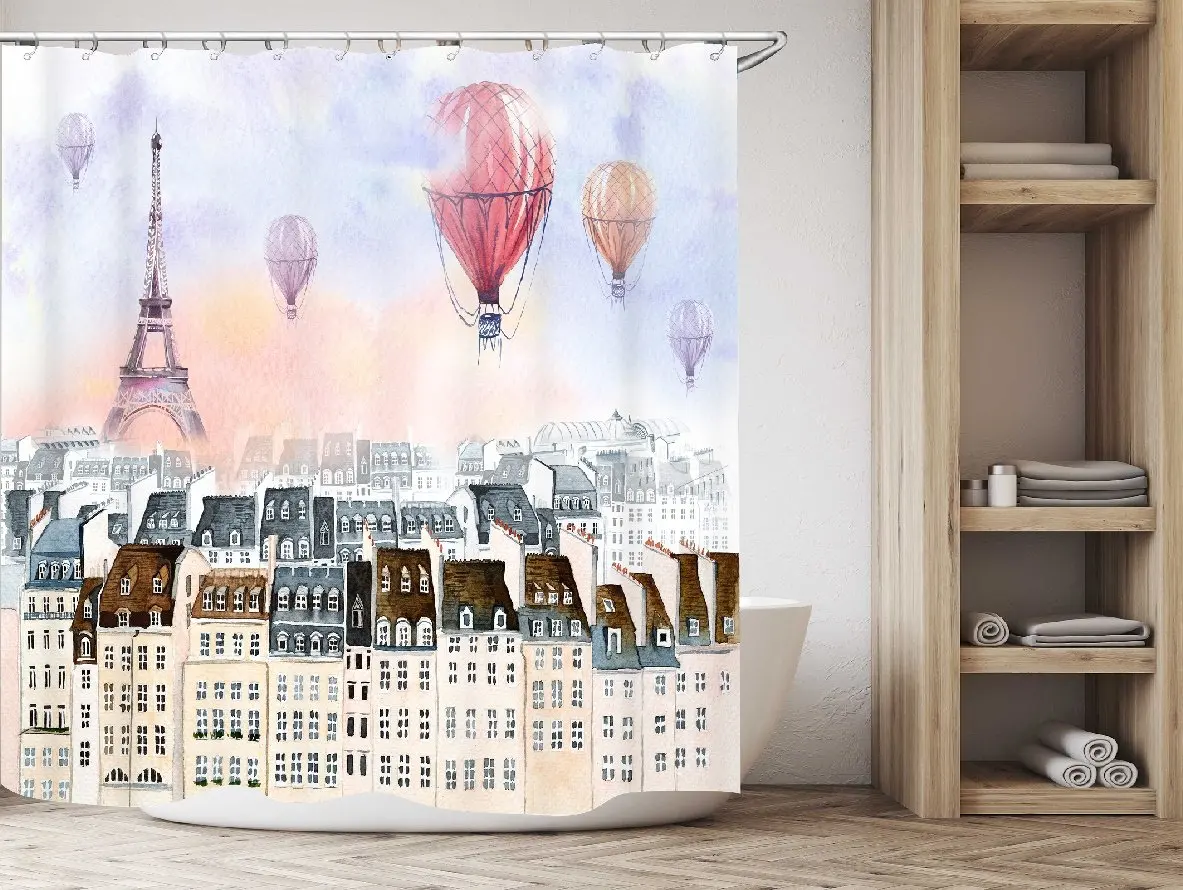 Get Orange watercolour Paris Tower with multicolor hot air balloon waterproof Polyester Fabric Bathroom Shower Curtain