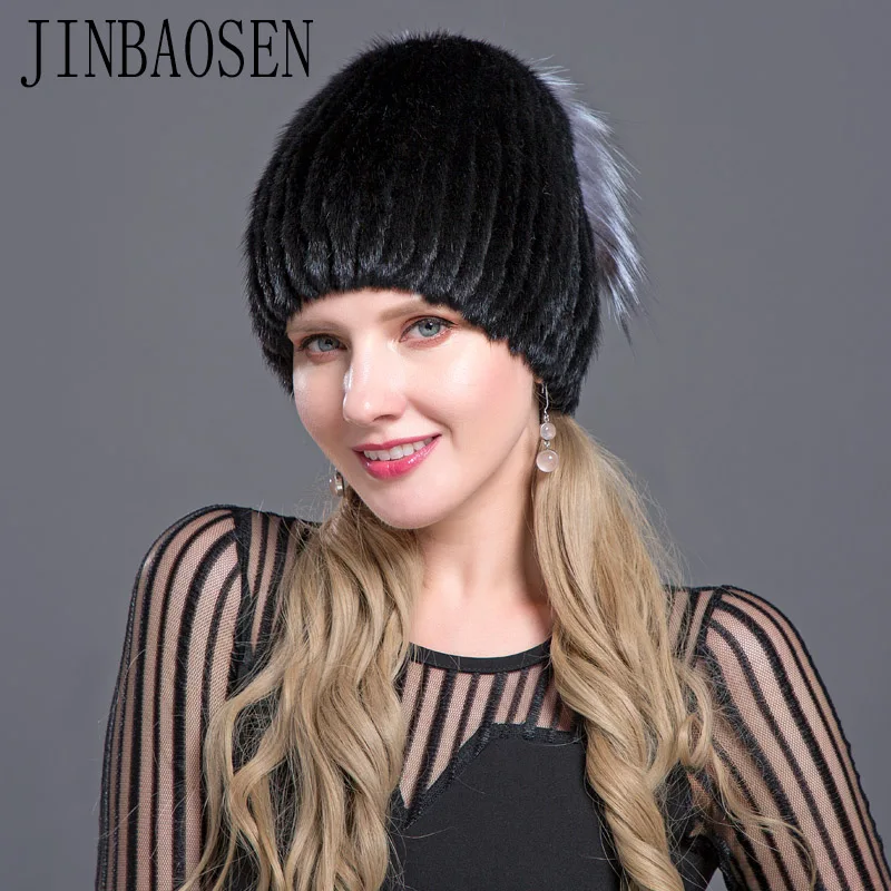 JINBAOSEN  Fashion Hat Ski Hat Mink Fur Cap Mink Fox Combined With Fur Knitted Wool Set Winter Ladies Fur