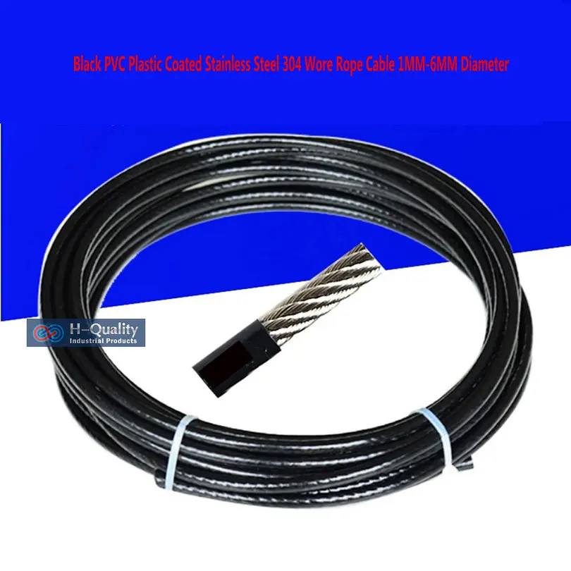 HQ BW01 Black PVC Plastic Coated Stainless Steel 304 Wire Rope Cable 1MM-6MM Diameter After Coating