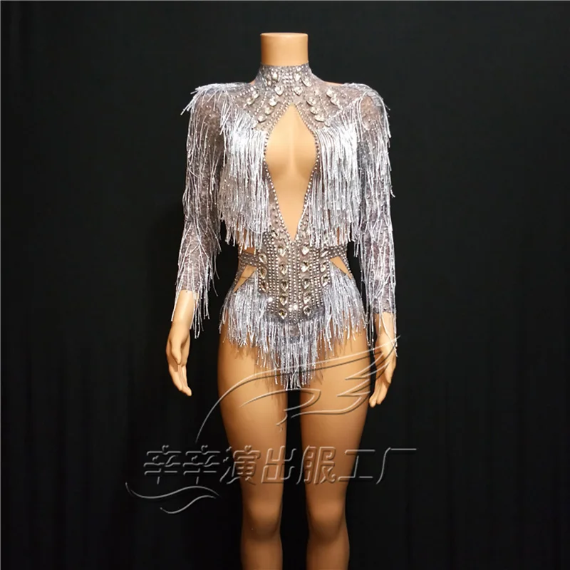 

Sparkly Silver Crystals Fringes Dance Costume Rhinestones Gloves Tassel Bodysuit Party Stage Wear Dance Show Sexy Leotard