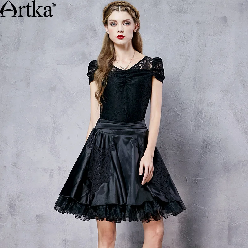 ARTKA-Falda Midi de encaje para mujer, falda elegante y lujosa de crinolina de seda, Organza hecha a mano, de Battenburg, A06378