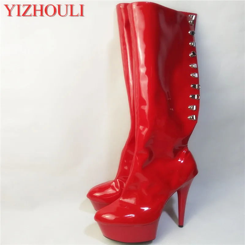 

Red Lacing sexy women motorcycle boots 15cm high-heeled shoes steel pipe dance shoes sexy clubbing 6 inch Fashion knee high boot