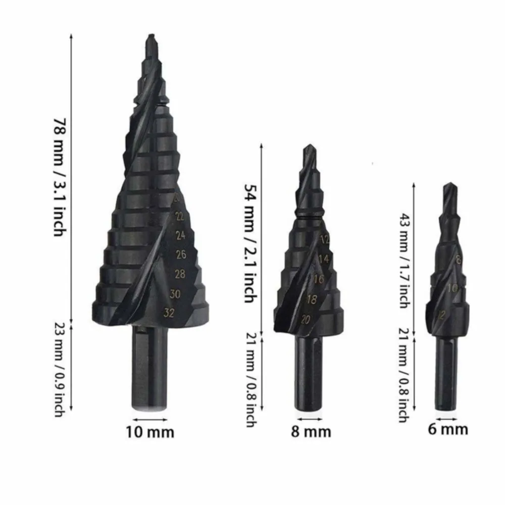 ESPLB 3pcs HSS Cobalt Step Drills Bit 4-32MM High Speed Steel Nitrogen Spiral Triangle Shank Drill Bit Set for Metal Cone