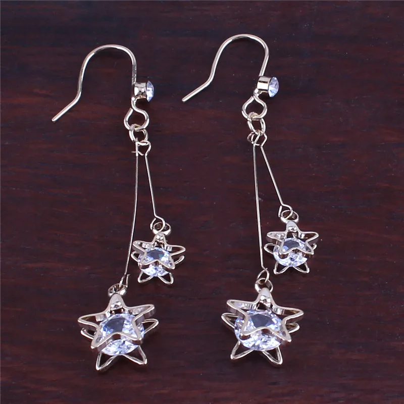 Grace Jun  New Arrival CZ Double Five-pointed Star Clip on Earrings No Pierced for Women Elegant Bridal Earrings Not Allergy