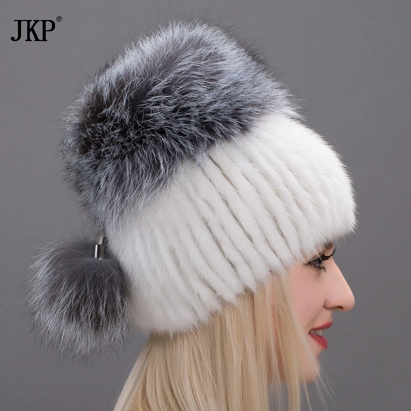 Women Skullies Genuine Winter Fur Hat Mink Fur With Silver Fox Pompoms Top Hats Sale Hot Sale Elastic Fur Cap  DHY17-26CX