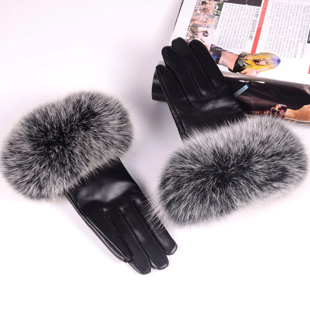 Women\'s Ladies Girls Winter Warm 100%  Real Fox Fur with Real Leather Lambskin Fashion Elegant Cute Gloves