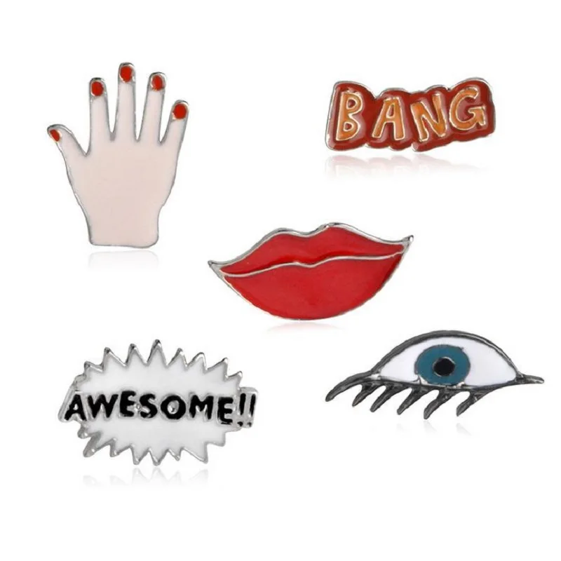 

Fashion Sexy Lips Eye Palm "BANG" " AWESOME" Enamel Brooch Pins Button Bag Clothes Pin Badge Jewelry for girls boys Wholesale