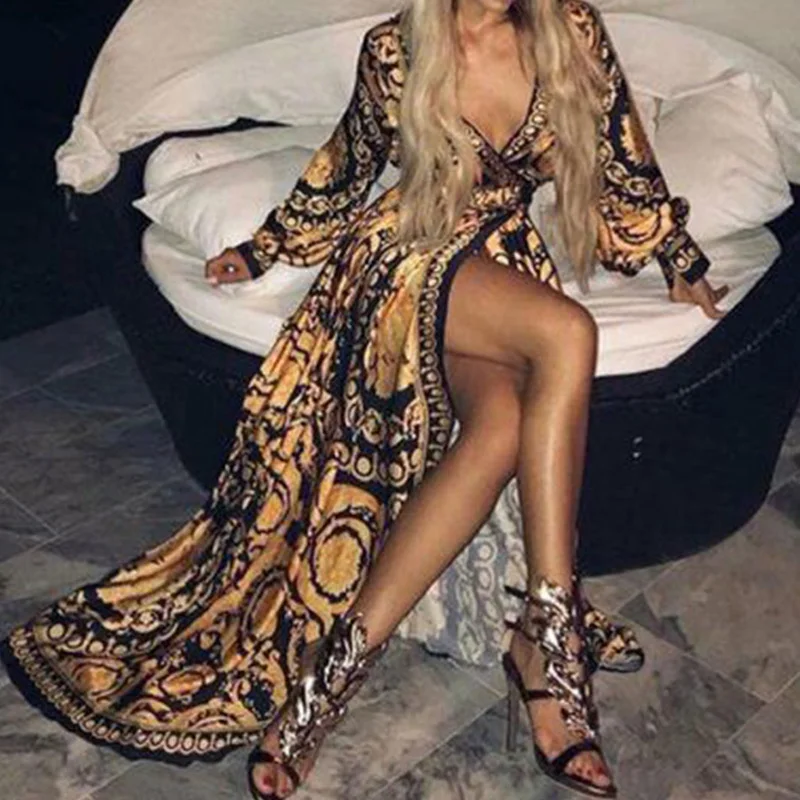 Womens Boho V-Neck Printed Sundress Long Maxi Dress for Summer Long Sleeve Vintage Dresses Cover-ups Home Robe Give Gifts