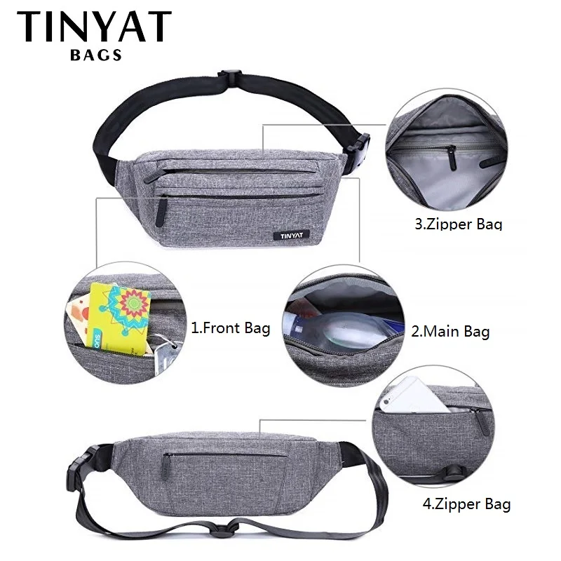 TINYAT Men Male Waist Bag Pack Grey Casual Functional belt bag Large Belt Pouch Phone Money Belt bag Fanny Travel Hip