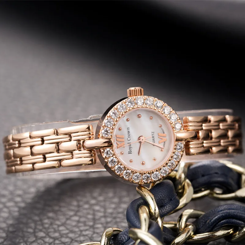 Small Lady Women's Watch Fine Fashion Hours Mother-of-pearl Stainless Steel Bracelet Rhinestone Girl's Gift Royal Crown Box