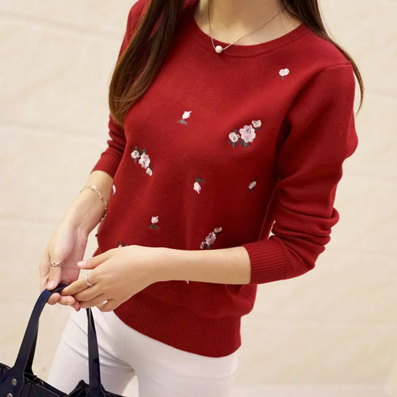 S-3XL New Youth Women Sweater Autumn Winter 2024 Fashion Elegant Peach Embroidery Slim Girl Knitted Pullover Tops Female