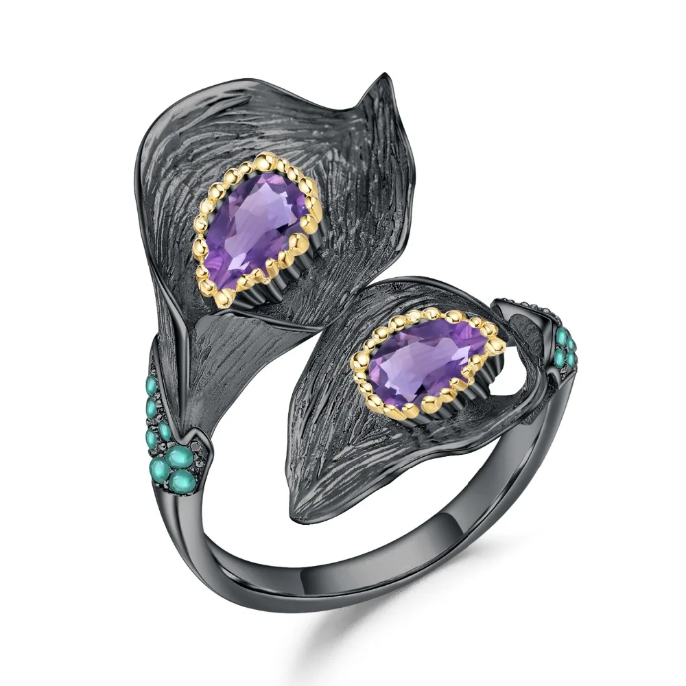 

GEM'S BALLET 1.08Ct Natural Amethyst Handmade Design 925 Sterling Silver Calla lily Flower Ring Adjustable Ring for Women Bijoux