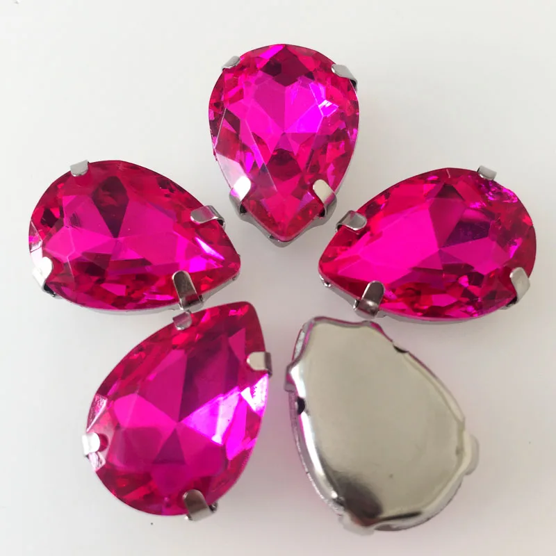 Free shipping!Rose drop shape crystal glass sew on stones,silver claw sew on rhinestones,diy clothing accessories