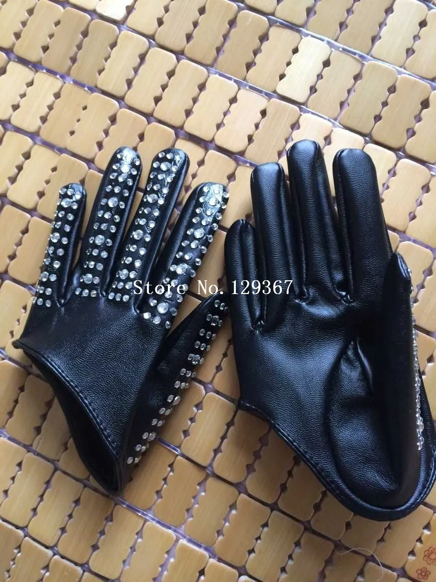 Women\'s fashion half palm Gloves lady\'s red white black PU leather gloves men\'s hip-hop rhinestone diy dancing gloves