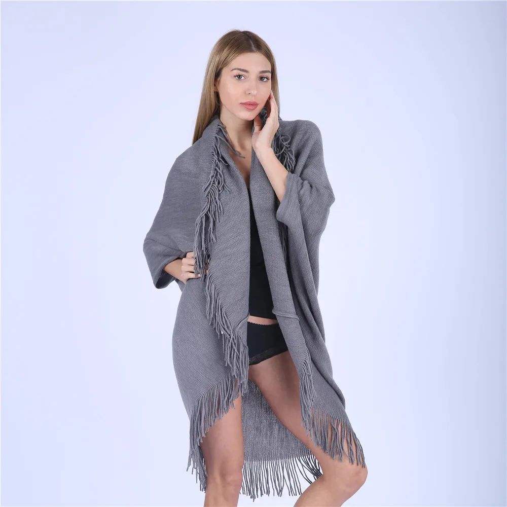 Jinjin.QC Tassel Ponchos Acrylic Shawl Wool Poncho For Women Winter Knitwear cape solid color shawls with sleeves wraps echarpe