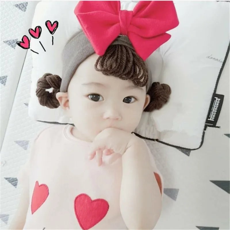 New girls baby hair band wig hair curls with fake Pigtail infant children Big Bow baby headband accessories Headband