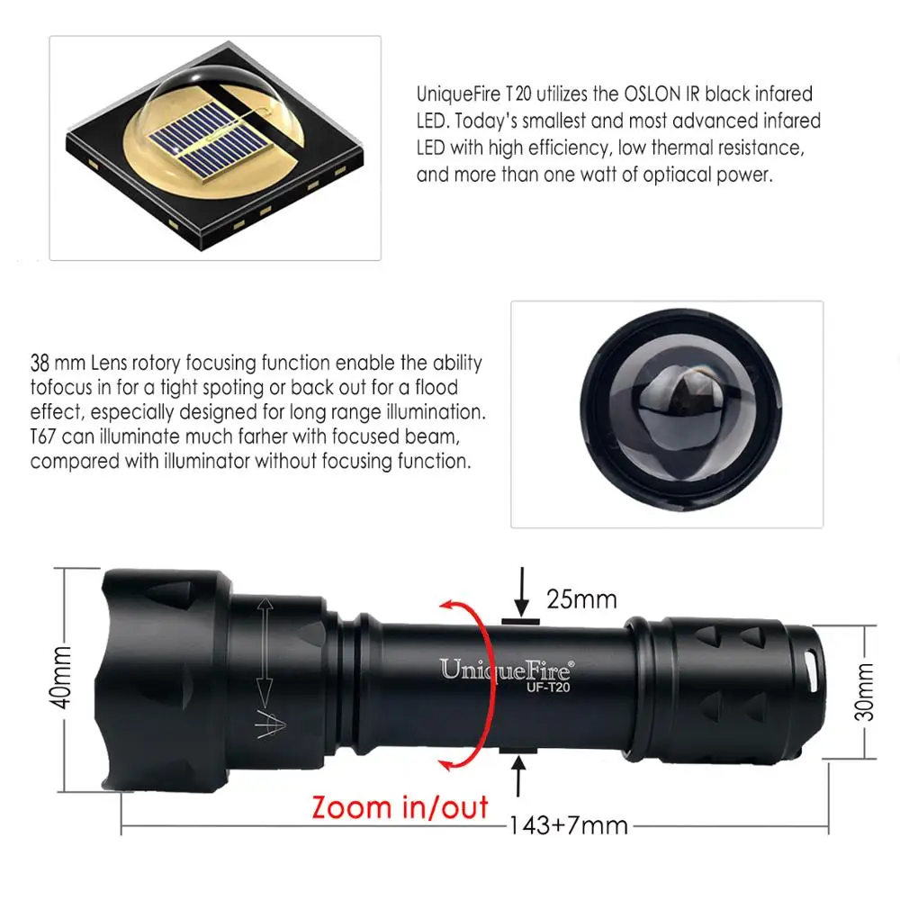 UniqueFire T20 IR 940nm LED Torch 38mm Lens 3 Mode Zoom Focus Adjustable Infrared Light Flashlight Used with Night Vision Device