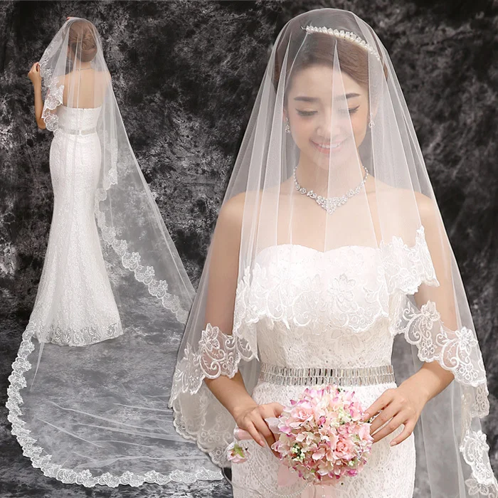 Pretty 2016 Short Veils One Layer Tulle Wedding Veils White Lace Bridal Veil velos de novia 1.5m Custom lengths Free Shipping