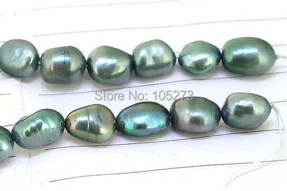 Pearl Jewelry One Full Strand Luster Flat Rice Pure Dark Green Freshwater Pearl 8mm-10mm About 15.5inch Strand