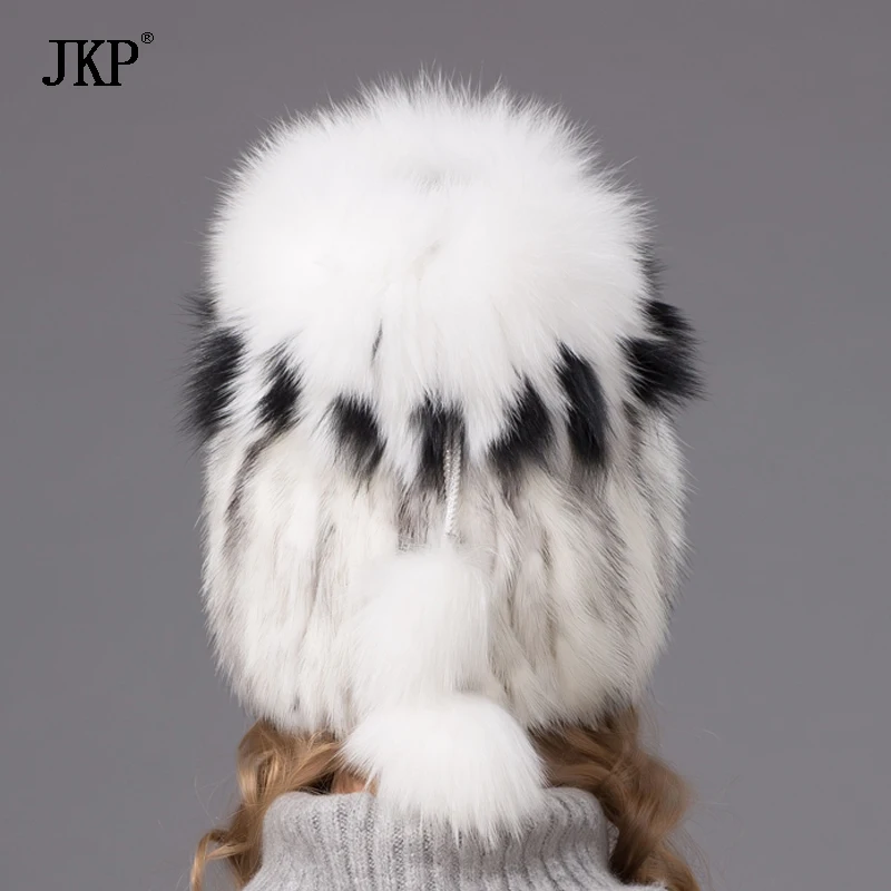 JKP winter Women\'s Fur Hats Knitted Mink Fur Hat  Female With real Fox Fur Pompom Cap Lining Winter Girls Hats For Beanies