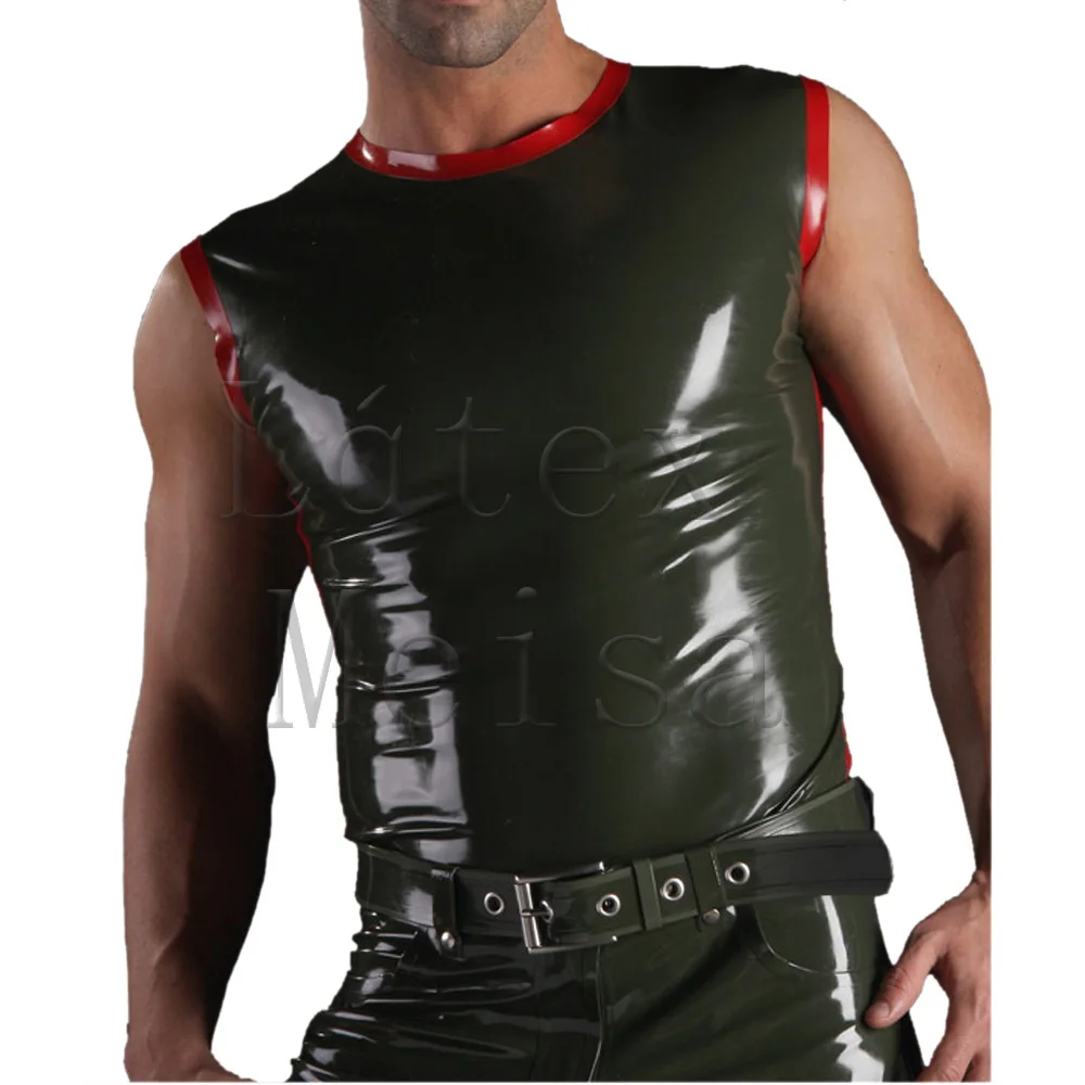 Army green patchwork red color sexy latex vest  with round neck for men