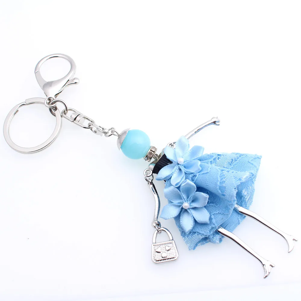 Hot Sale Cute Doll HandBag Keychain Women 6 Colors Flower Dress Dolls Key chain Fashion Jewelry Girl Car Accessories Pendants