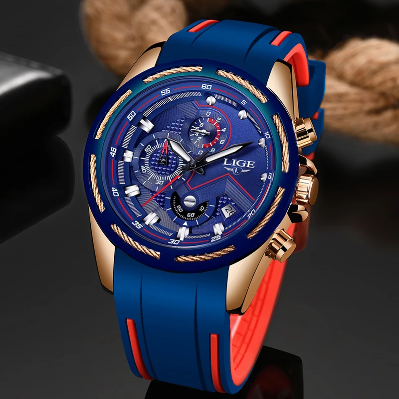 LIGE New Men Watches Top Brand Luxury Blue Silicone Strap Waterproof Watch Sport Chronograph Quartz WristWatch Relogio Masculino