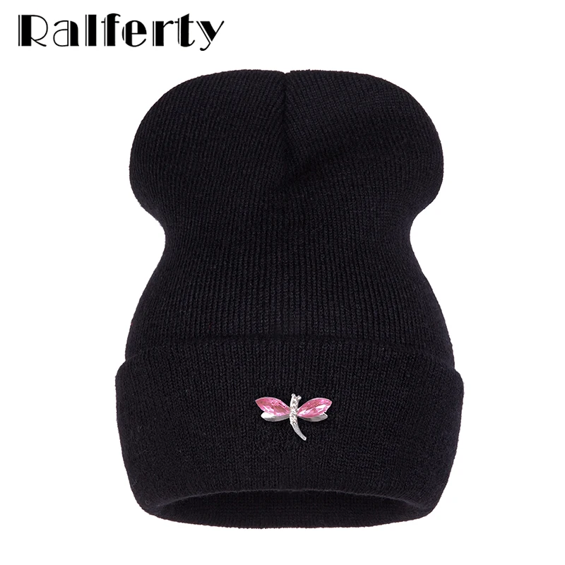Ralferty Dragonfly Crystal Beanie Hat For Women Hip Hop Cute Winter Hats Caps Female Skullies bonnet femme gorros Sport gorras