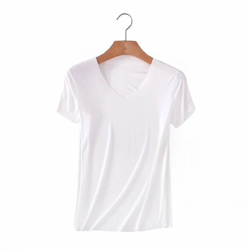 Women Essential T Shirt Basic Short Sleeve V Neck Tops Tees Solid Color Unfinished Viscose Stretch Top