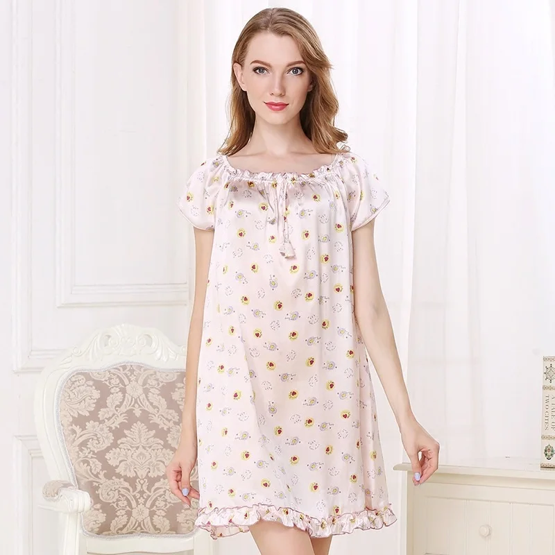 100% Mulberry Silk Nightgown Women with Short Sleeve Print Nightdress Ladies Nightie Sleepwear Satin Nightwear sp0112