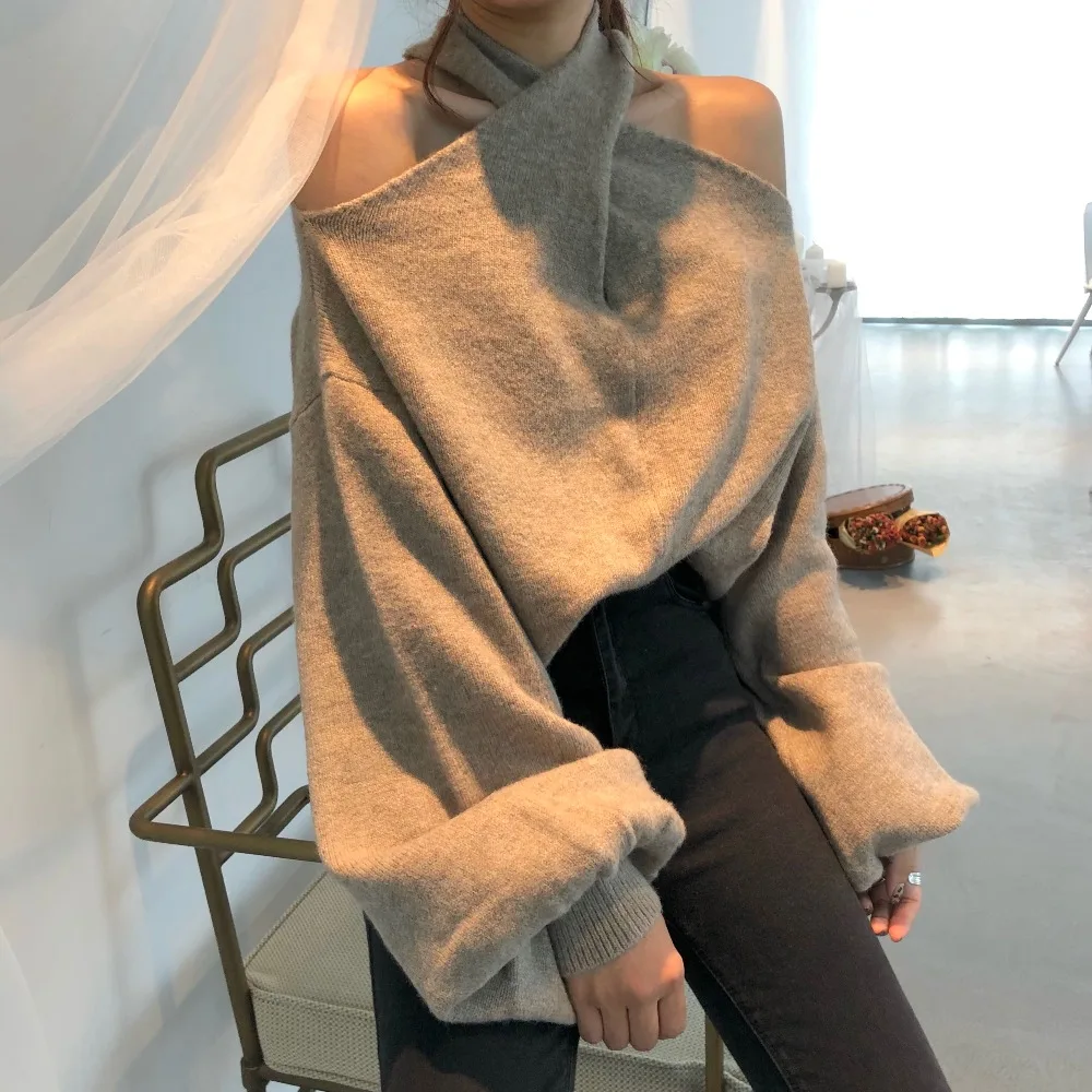 

Khaki Criss-Cross Halter Knitted Sweater Off Shoulder Hanging Neck Lantern sleeve Strapless Pullovers Oversized Lady Sweaters