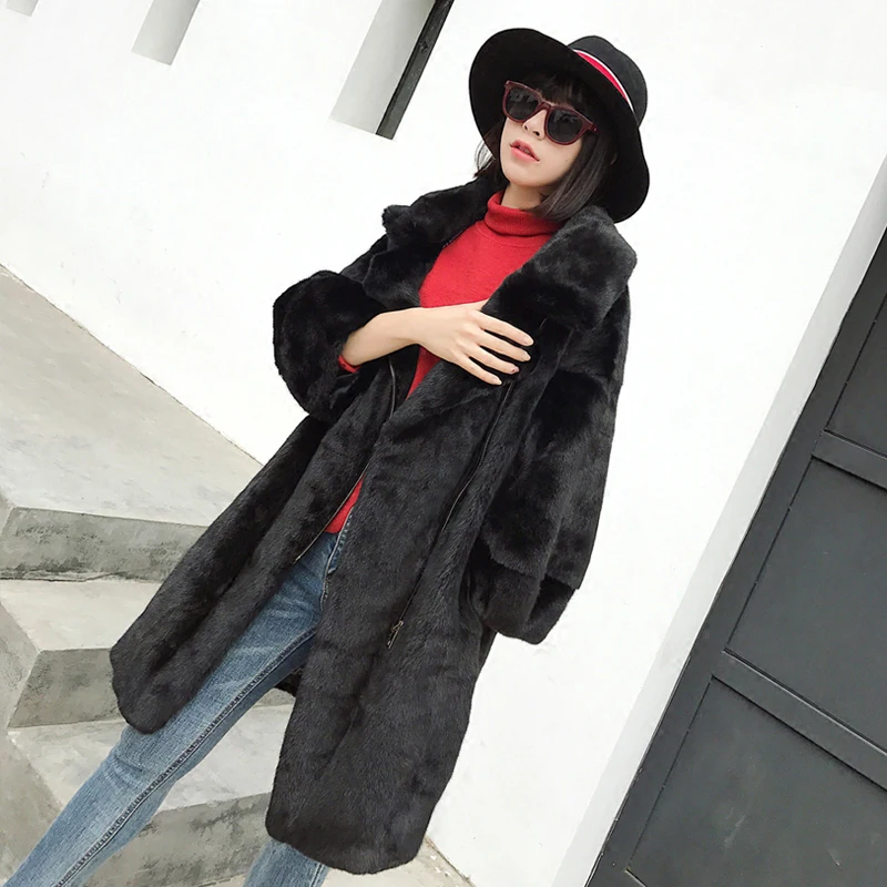 Ftangaiur New Winter Import Velvet Mink Coat Turn-Down Collar Pure Black Mink Coat Loss Women X-Long Slim Real Mink Fur Coats