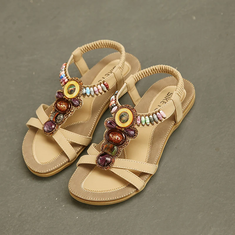 2024 summer new woman sandals stylish casual comfort Bohemia non-slip flat sandals beaded female beach shoes plus size