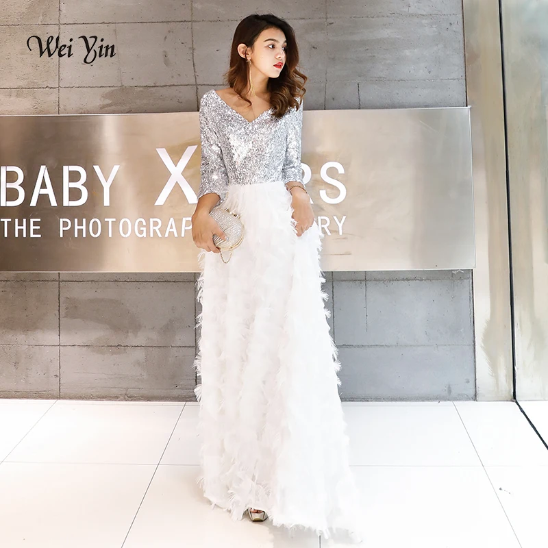 

wei yin Robe De Soiree 2023 New Elegant A Line V Neck White Lace Long Formal Evening Dresses Sequined Party Gowns WY1112