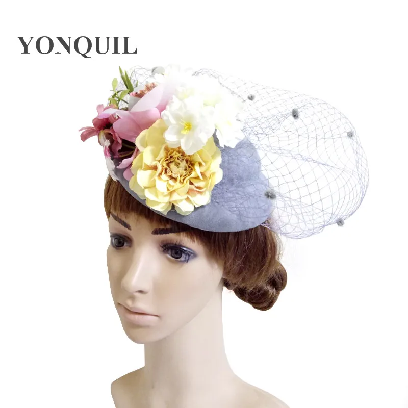 Women Fancy Grey Beautiful Fascinator Headwear Silk Flowers Wedding Hats Net With Dots Race Hair Accessories For Bridal 3Pcs/Lot