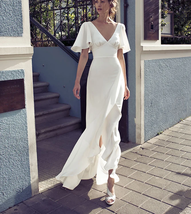 

Ensotek V-neck Beach Wedding Dresses 2024 Vestido Noiva Praia Simple Ruffles Casamento Boho Bridal Gowns Custom Asymmetrical