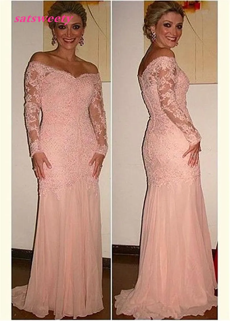 Chiffon Off-die-schulter Meerjungfrau Prom Kleider Mit Perlen Spitze Appliques Langen Ärmeln Erröten Sexy Mutter der braut Kleider