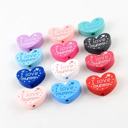 I love mummy pattern Wooden Beads 10pcs Heart Shape Spacer Beads For jewelry Making DIY Wood Pacifier clip Toys 23*30mm