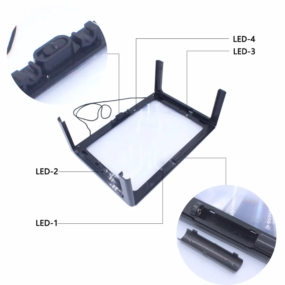 Lupa plegable de escritorio con manos libres, lupa grande de 3X, página completa, A4, para leer, coser, tejer, con 4 luces LED U