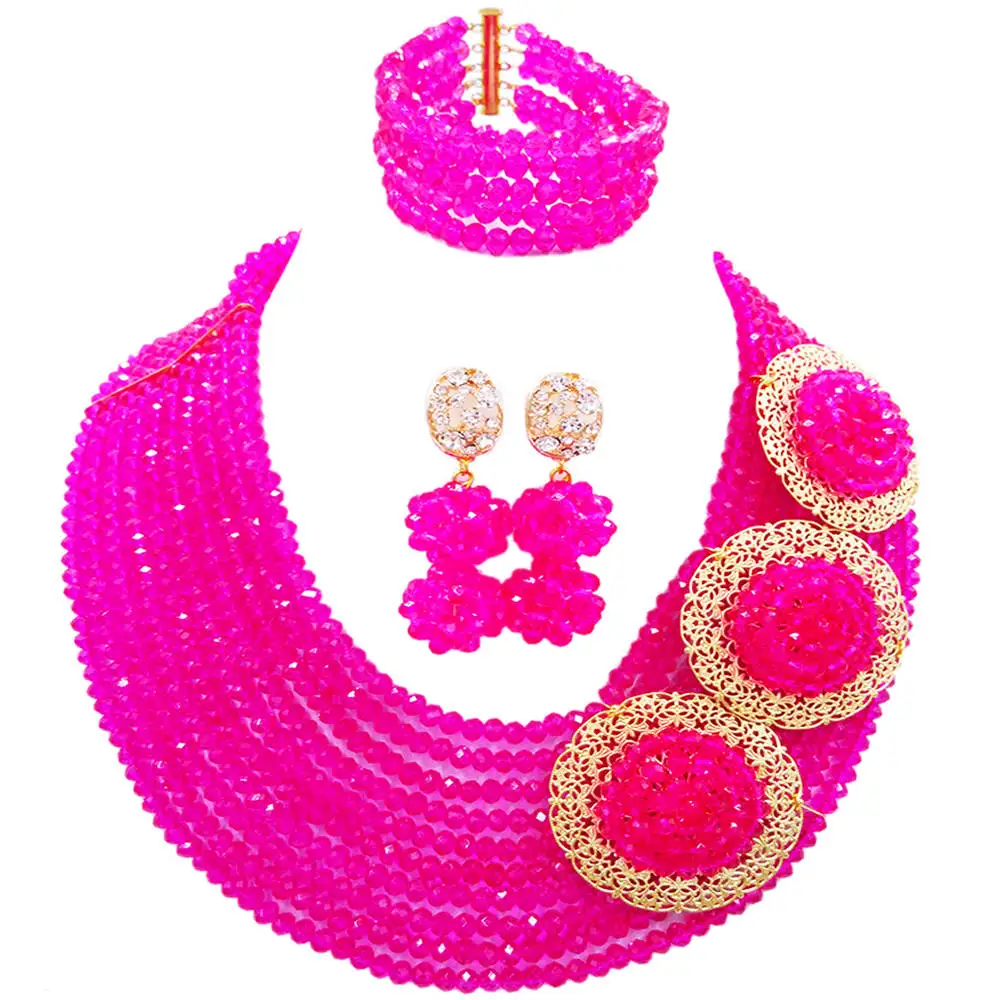 Fuchsia Pink Folk Beads African Jewelry Set Nigerian Wedding Accessories Bridal Party Jewelry Necklace Bracelet Earrings 10SPH03