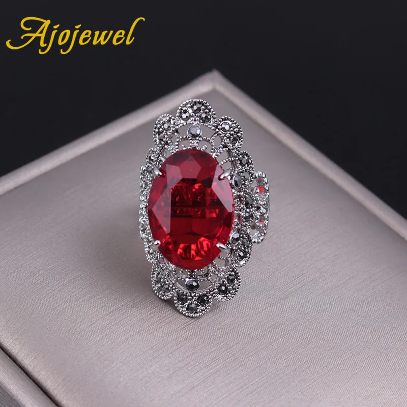 Ajojewel Shining Big Oval Red/Black Crystal Rings For Women Black CZ Flower Beautiful Vintage Jewelry