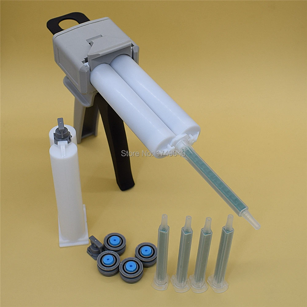 Dispenser di colle AB pistola per calafataggio da 50ml pistola per colla 1:1 con tubo per ugello di miscelazione statica da 5 pezzi e 2 set cartuccia vuota a doppia canna da 50ml