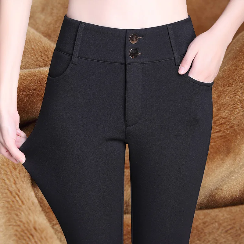 Winter Velvet Thick Warm Pants For Women Skinny Stretch Fleece Pencil Pants With High Waist Solid Black Blue Trousers Female