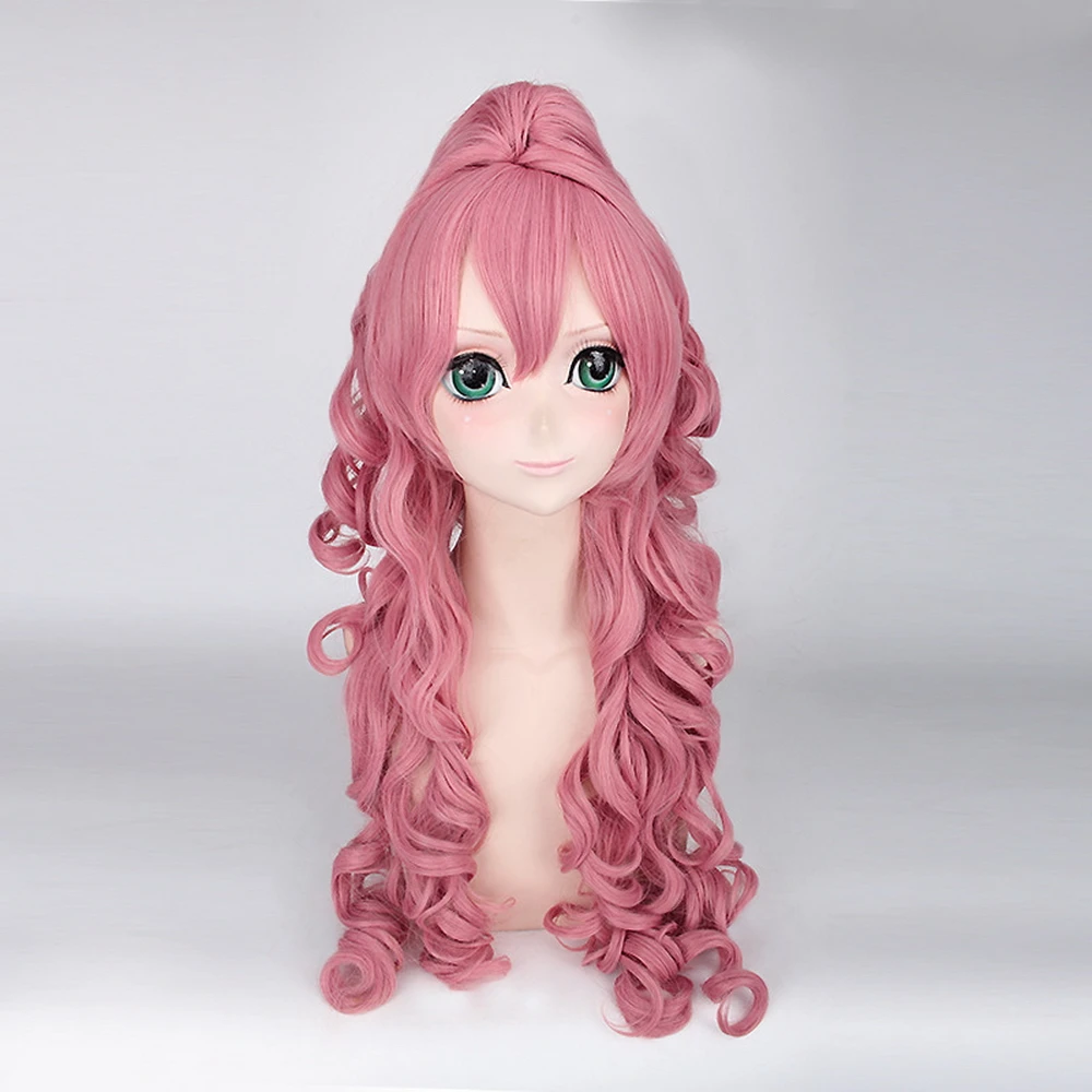 Anime Vocaloid RUKA-Peluca de cabello sintético para mujer, pelo largo rizado para disfraz de Cosplay, fiesta de Halloween, Rosa, con cola de caballo