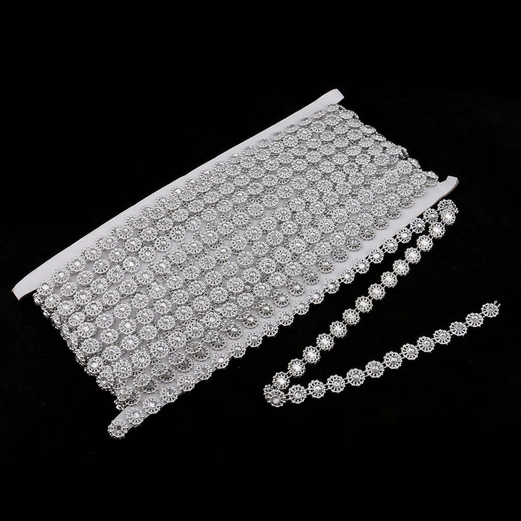 9.1 Meters Diamante Silver Flower Crystal Beaded Chain Ribbon Trim for Wedding Gift Wrapping Decoration