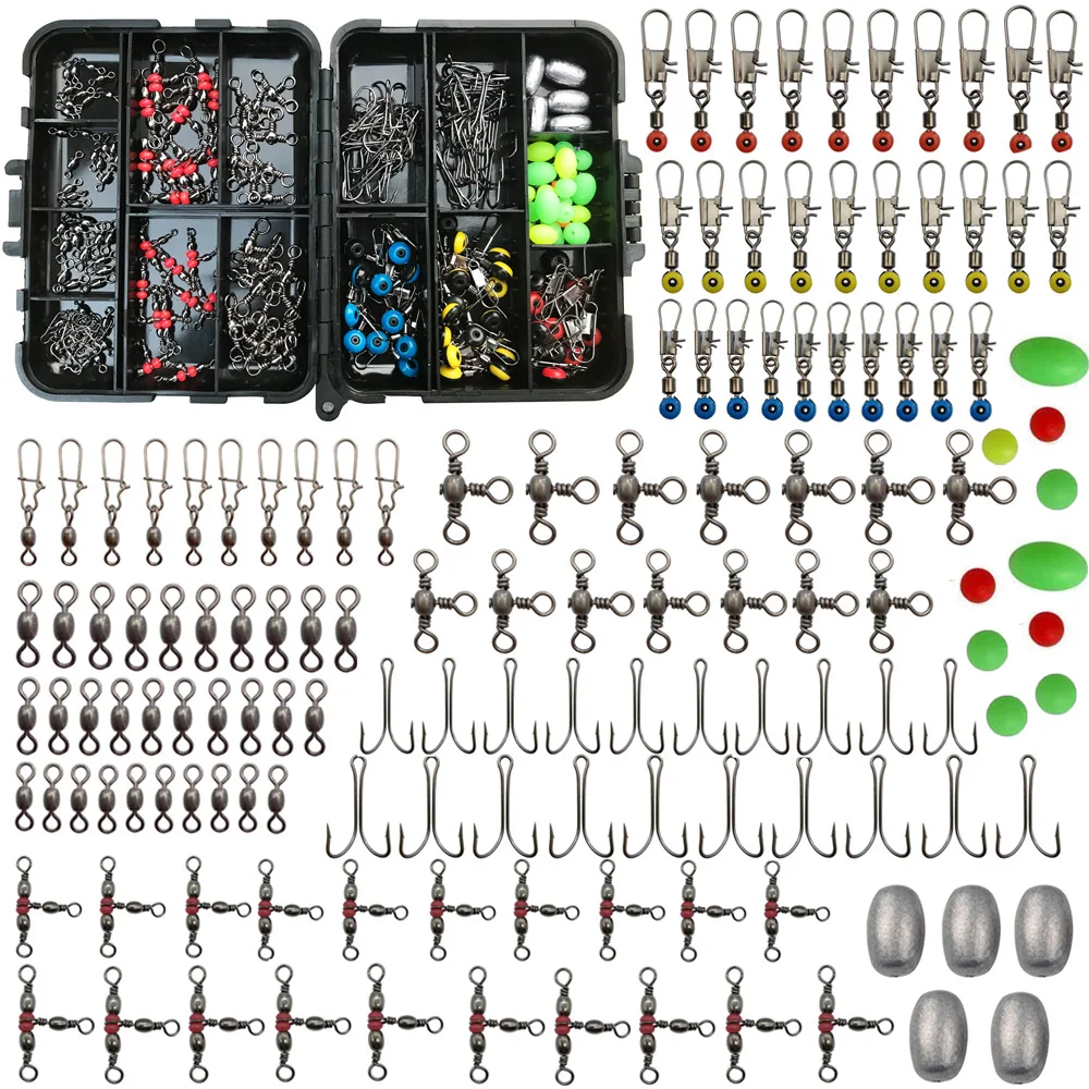 175Pcs/Box Fishing Accessories Kit With Tackle Box Including Hooks Line Beads Different Fishing Swivels Lead Fishing Sinker